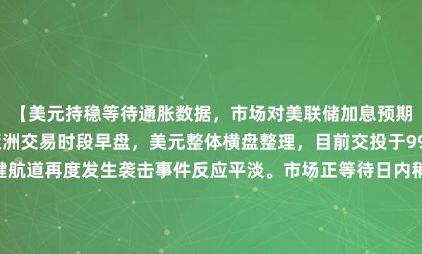 【美元持稳等待通胀数据，市场对美联储加息预期分歧犹存】1.周三亚洲交易时段早盘，美元整体横盘整理，目前交投于99.85附近，对中东关键航道再度发生袭击事件反应平淡。市场正等待日内稍晚公布的美国通胀数据，以寻求美联储利率路径的进一步线索。2.市场本周核心焦点为周三公布的美国通胀数据。上周非农就业报告弱于预期，加之美联储主席沃什上月新闻发布会未明确释放政策信号，均未能消除市场疑虑。4. 荷兰国际集团分