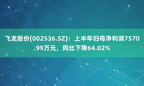 飞龙股份(002536.SZ)：上半年归母净利润7570.99万元，同比下降64.02%